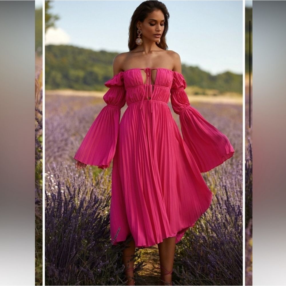 ALAMOUR‎ Analu Pink Fuchsia Dress Pleated Off Shoulder Long Sleeve Medium